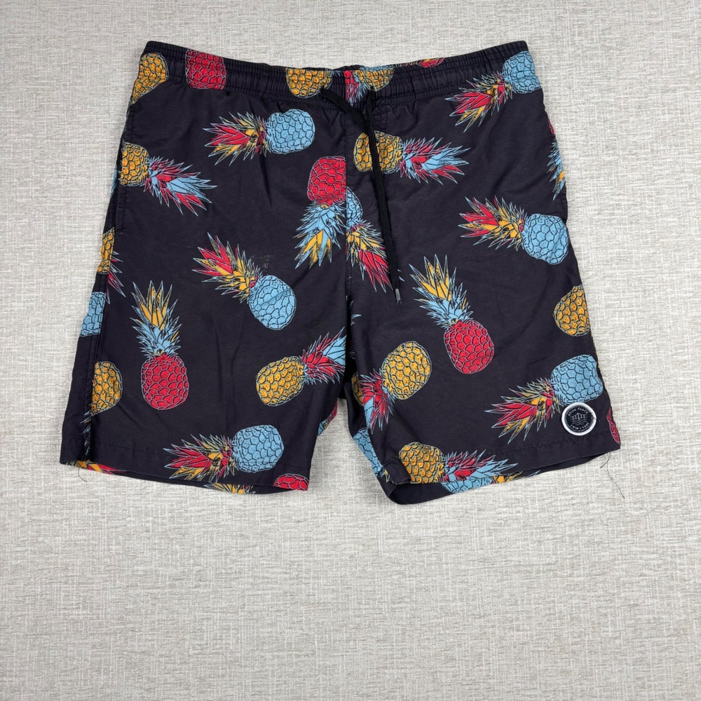 Brooklyn Cloth Mens Kent Ave Volley Swim Trunks Black Pineapple Print Small